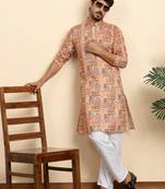 Cotton blend geometric printed orange kurta with pyjamas