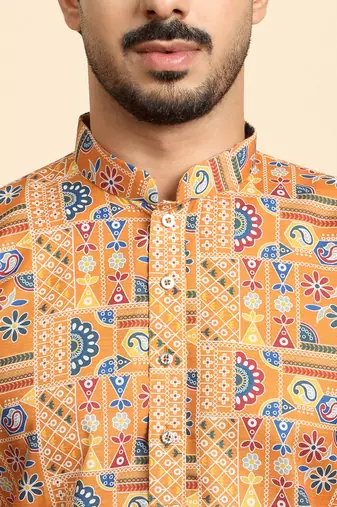 Cotton blend geometric printed orange kurta with pyjamas