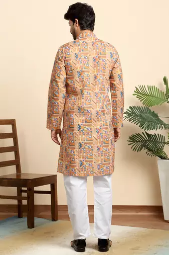 Cotton blend geometric printed orange kurta with pyjamas