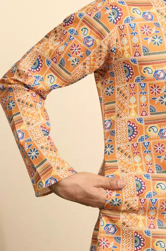 Cotton blend geometric printed orange kurta with pyjamas