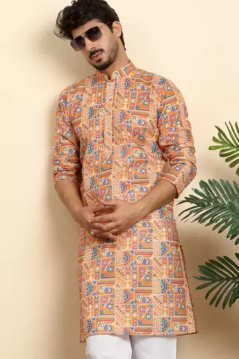 Cotton blend geometric printed orange kurta with pyjamas
