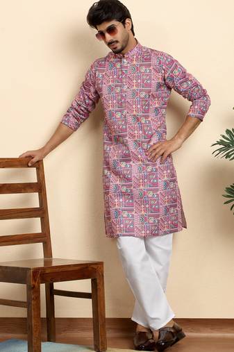 Cotton blend geometric printed pink kurta with pyjamas