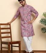 Cotton blend geometric printed pink kurta with pyjamas