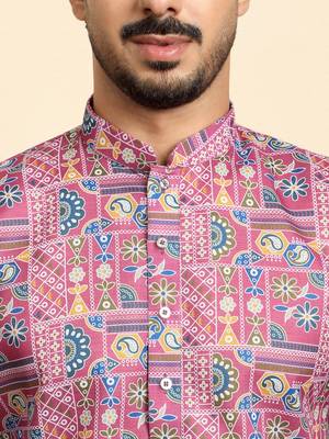 Cotton blend geometric printed pink kurta with pyjamas 2