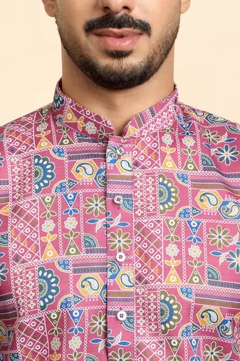 Cotton blend geometric printed pink kurta with pyjamas