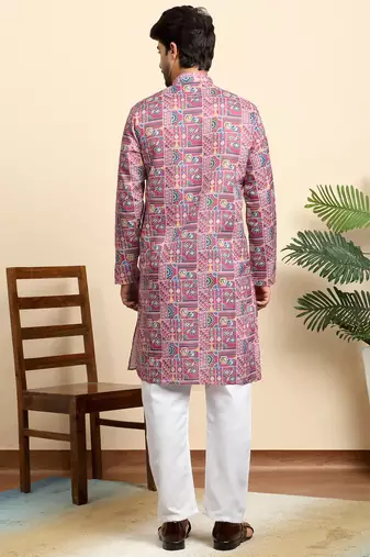 Cotton blend geometric printed pink kurta with pyjamas
