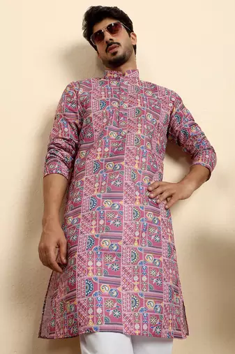 Cotton blend geometric printed pink kurta with pyjamas