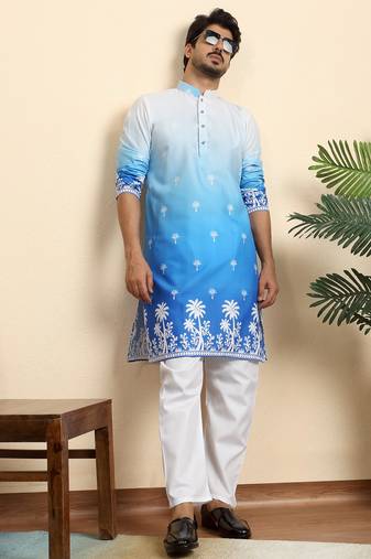 Cotton blend ombre printed blue kurta with pyjamas