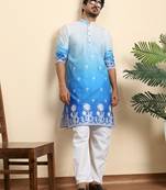 Cotton blend ombre printed blue kurta with pyjamas