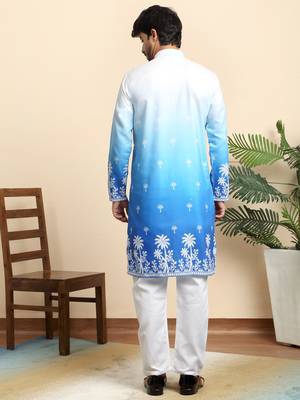 Cotton blend ombre printed blue kurta with pyjamas 3