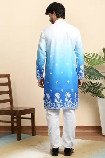 Cotton blend ombre printed blue kurta with pyjamas