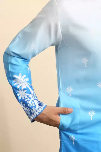 Cotton blend ombre printed blue kurta with pyjamas