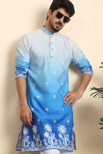 Cotton blend ombre printed blue kurta with pyjamas