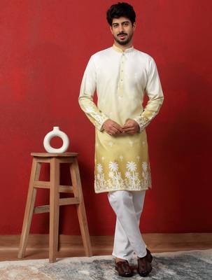 Cotton blend ombre printed green kurta with pyjamas 1