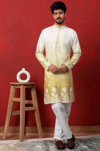 Cotton blend ombre printed green kurta with pyjamas