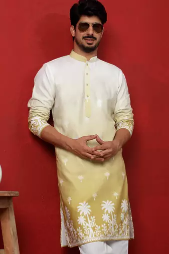 Cotton blend ombre printed green kurta with pyjamas