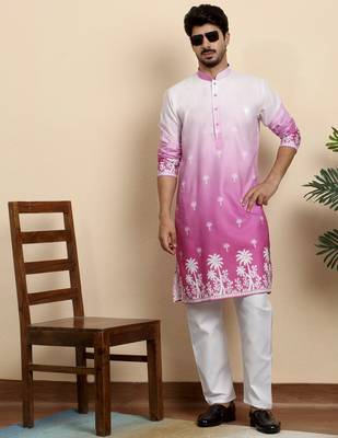 Cotton blend ombre printed pink kurta with pyjamas 1