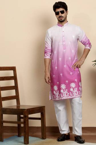 Cotton blend ombre printed pink kurta with pyjamas