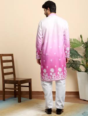 Cotton blend ombre printed pink kurta with pyjamas 3