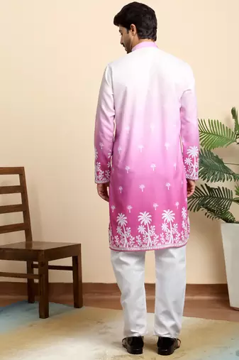 Cotton blend ombre printed pink kurta with pyjamas