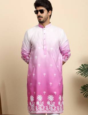 Cotton blend ombre printed pink kurta with pyjamas 5