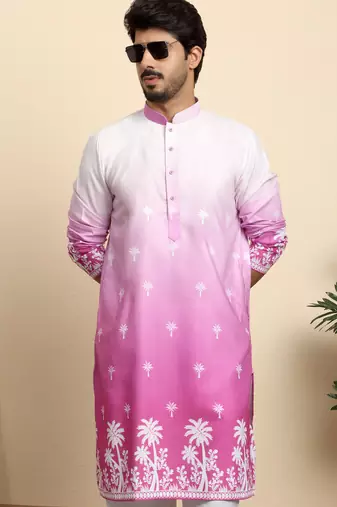 Cotton blend ombre printed pink kurta with pyjamas