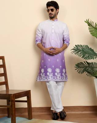 Cotton blend ombre printed purple kurta with pyjamas 1