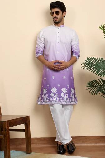 Cotton blend ombre printed purple kurta with pyjamas