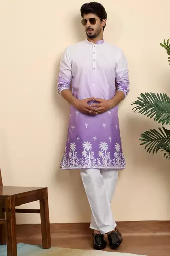 Cotton blend ombre printed purple kurta with pyjamas