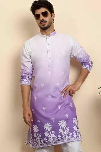 Cotton blend ombre printed purple kurta with pyjamas