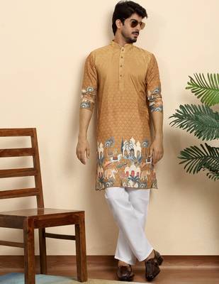 Self pattern royal motifs cotton blend beige kurta with pyjamas 1