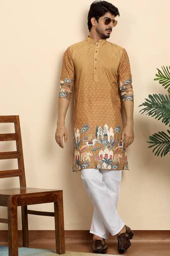 Self pattern royal motifs cotton blend beige kurta with pyjamas