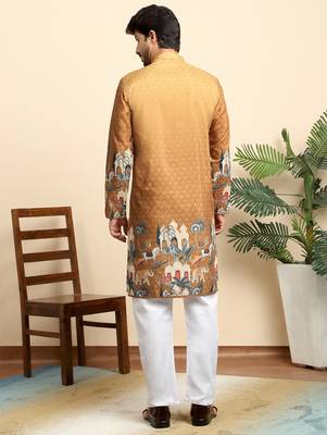 Self pattern royal motifs cotton blend beige kurta with pyjamas 3