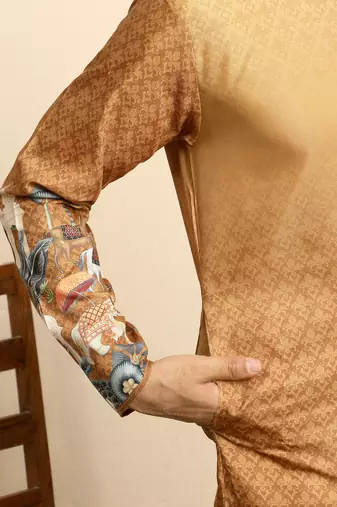 Self pattern royal motifs cotton blend beige kurta with pyjamas