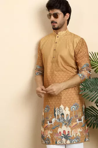 Self pattern royal motifs cotton blend beige kurta with pyjamas