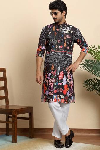 Floral print cotton blend ethnic wear black kurta with pyjamas