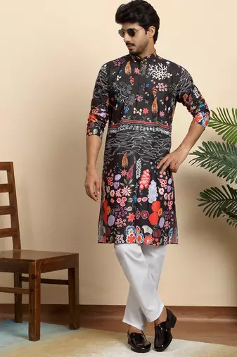 Floral print cotton blend ethnic wear black kurta with pyjamas