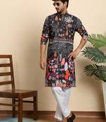 Floral print cotton blend ethnic wear black kurta with pyjamas