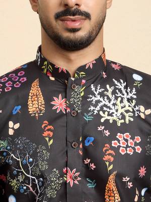 Floral print cotton blend ethnic wear black kurta with pyjamas 2