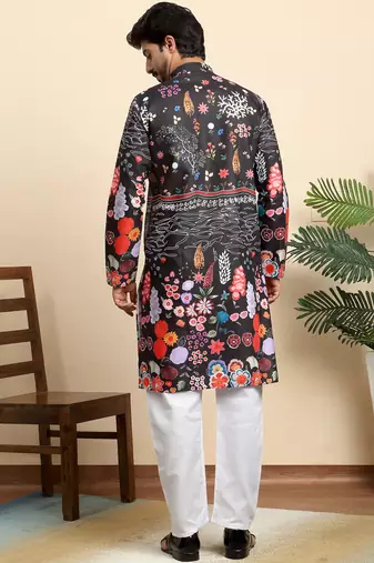 Floral print cotton blend ethnic wear black kurta with pyjamas