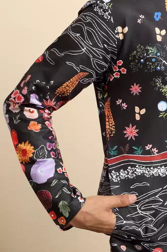 Floral print cotton blend ethnic wear black kurta with pyjamas
