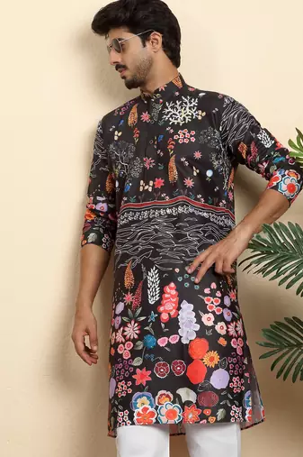 Floral print cotton blend ethnic wear black kurta with pyjamas