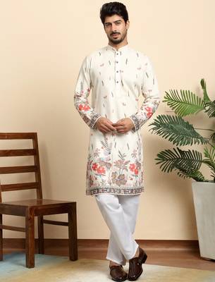 Floral print cotton blend ethnic wear cream kurta pyjamas 1