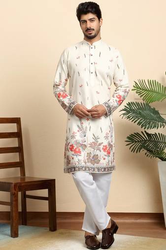 Floral print cotton blend ethnic wear cream kurta pyjamas