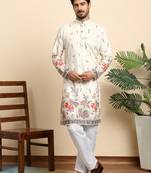 Floral print cotton blend ethnic wear cream kurta pyjamas