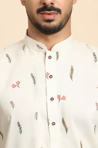Floral print cotton blend ethnic wear cream kurta pyjamas