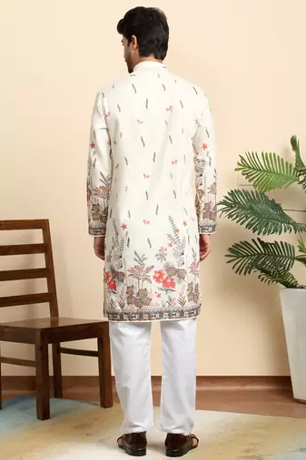 Floral print cotton blend ethnic wear cream kurta pyjamas