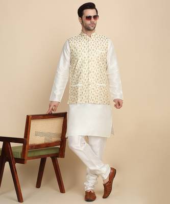 Silk blend solid cream kurta and churidar with zari embroidered cream nehru jacket 1