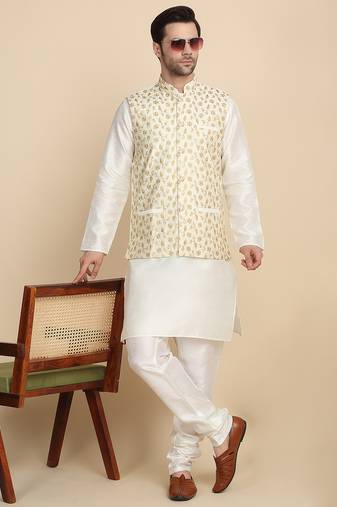 Silk blend solid cream kurta and churidar with zari embroidered cream nehru jacket