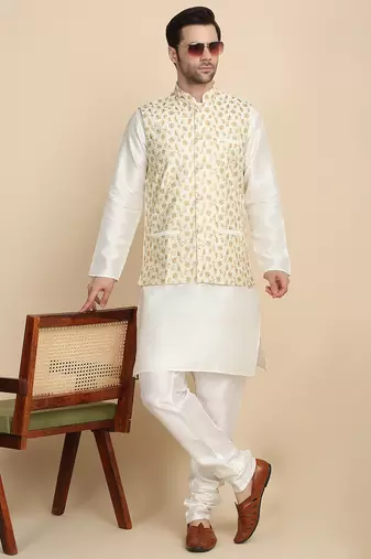 Silk blend solid cream kurta and churidar with zari embroidered cream nehru jacket